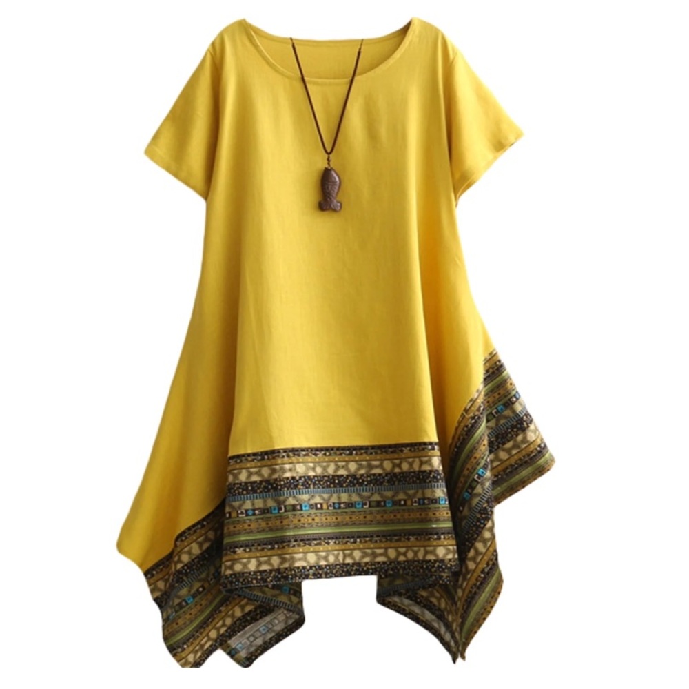 Minibee linen blend yellow mustard dress vintage fashionable ethnic style L